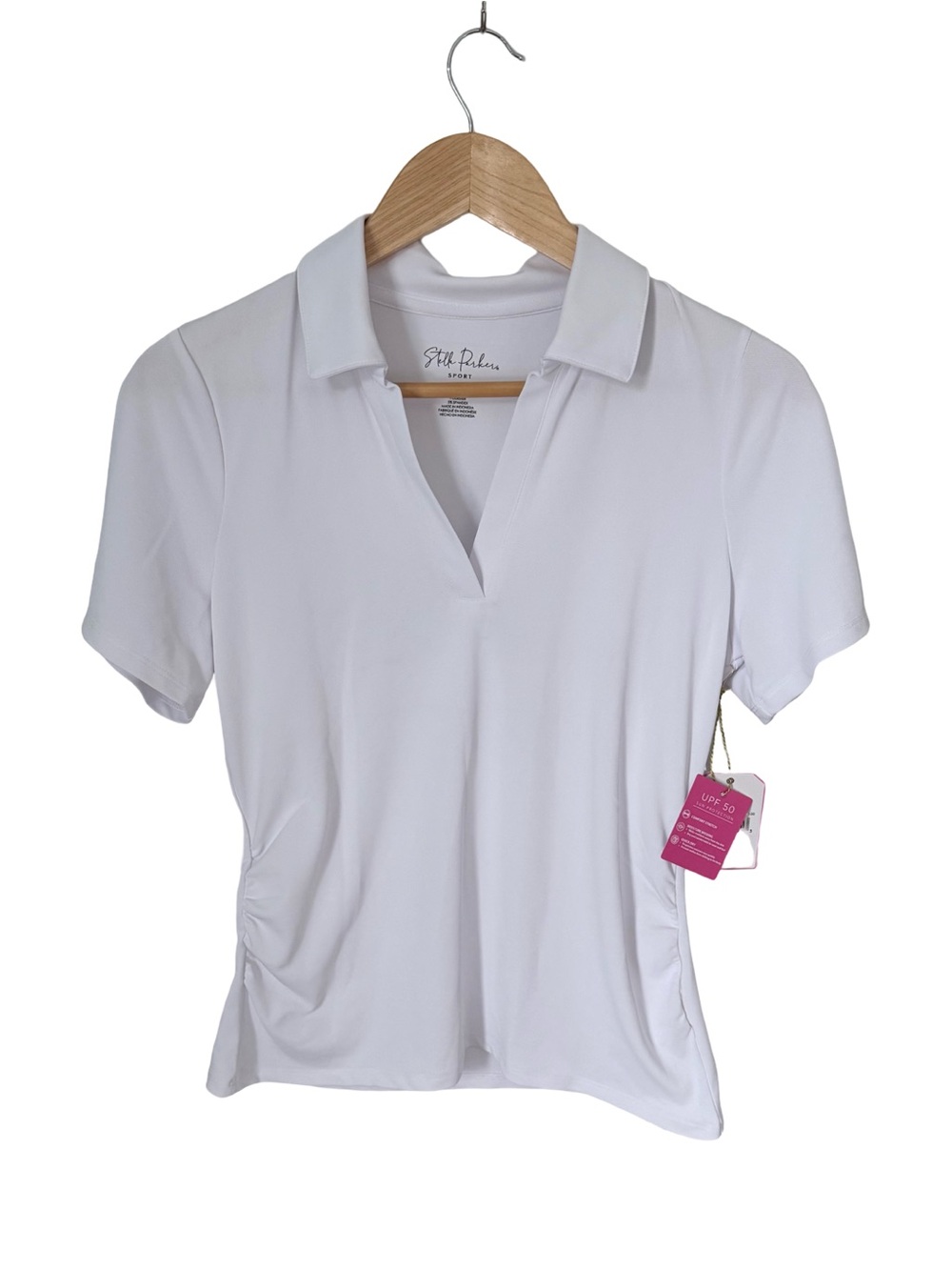 Stella Parker Women's Side Ruched White Polo Shirt NWT Size S